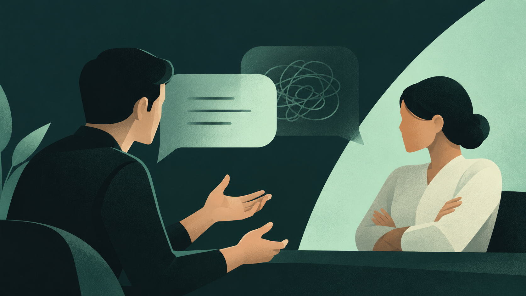 Illustration of a conversation: a man gestures while a woman listens with folded arms, with speech bubbles containing lines and tangled marks.